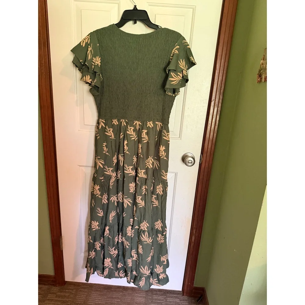 Polagram Olive Green Smocked Leaf Print Maxi Dress Flutter Sleeve L PSD3944-S - Picture 9 of 10